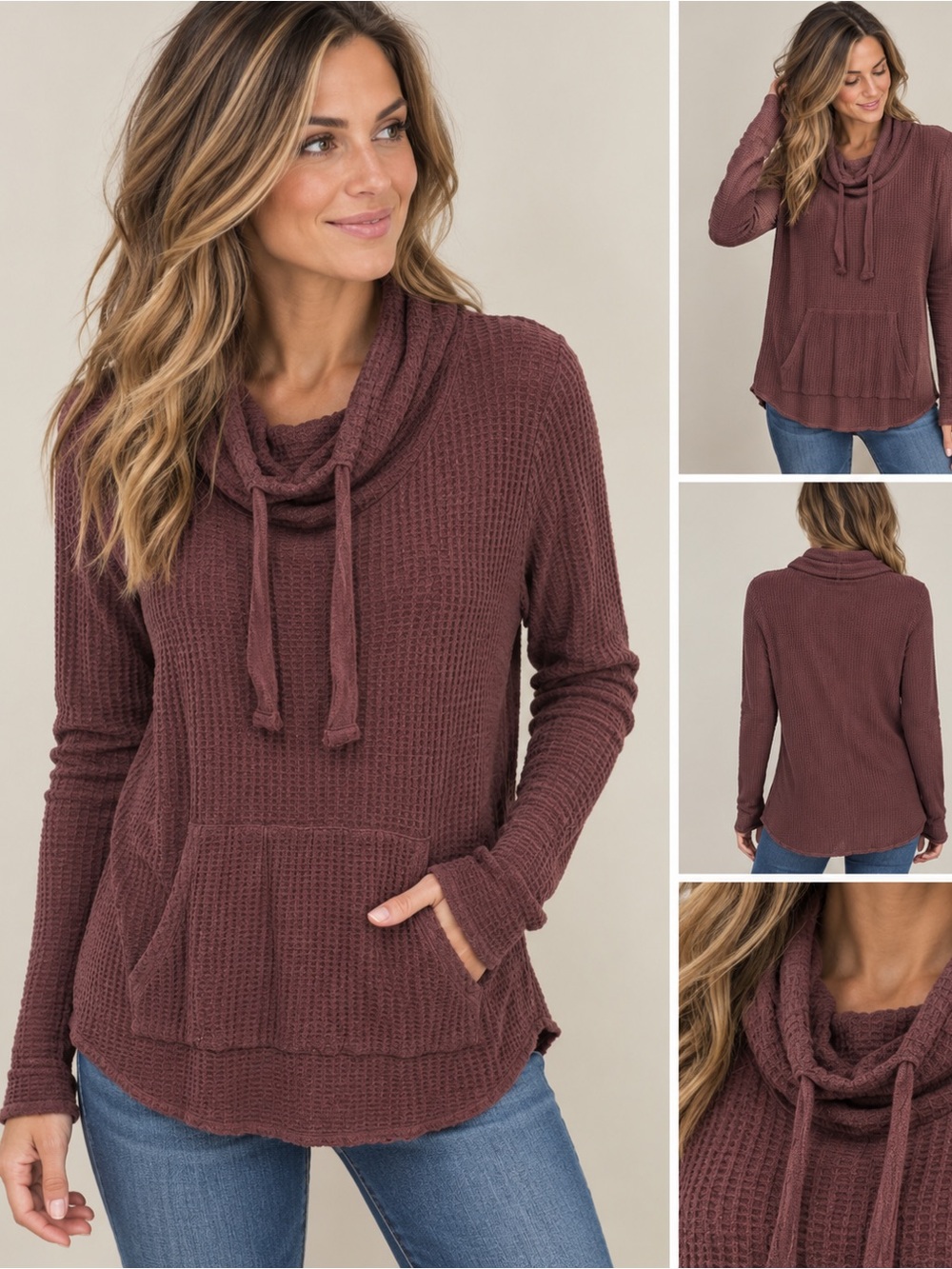 Chaser Women’s Burgundy Waffle Knit Cowl Neck Pullover Hoodie